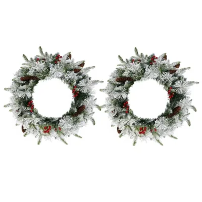 2 Pack 18in Pre-lit Snow Flocked Christmas Wreath, Lighted Artificial Xmas Wreath With 60 Warm Lights And 140 Tips And Red Berries Pine Cones, For Front Door Gate Wall Xmas Party Decorations
