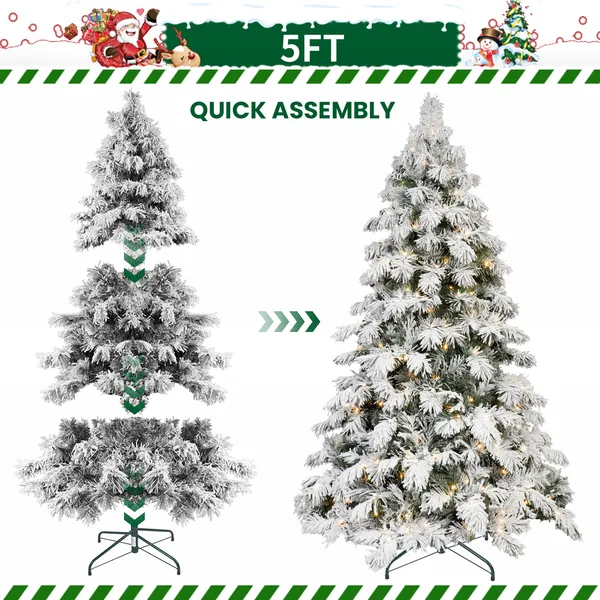 Artificial 5ft Flock LED-lit Christmas Tree With 375PE&PVC Mixed Branch Tips,Hinged Premium & Foldable Base For Indoor Holiday Decorating - Image 3