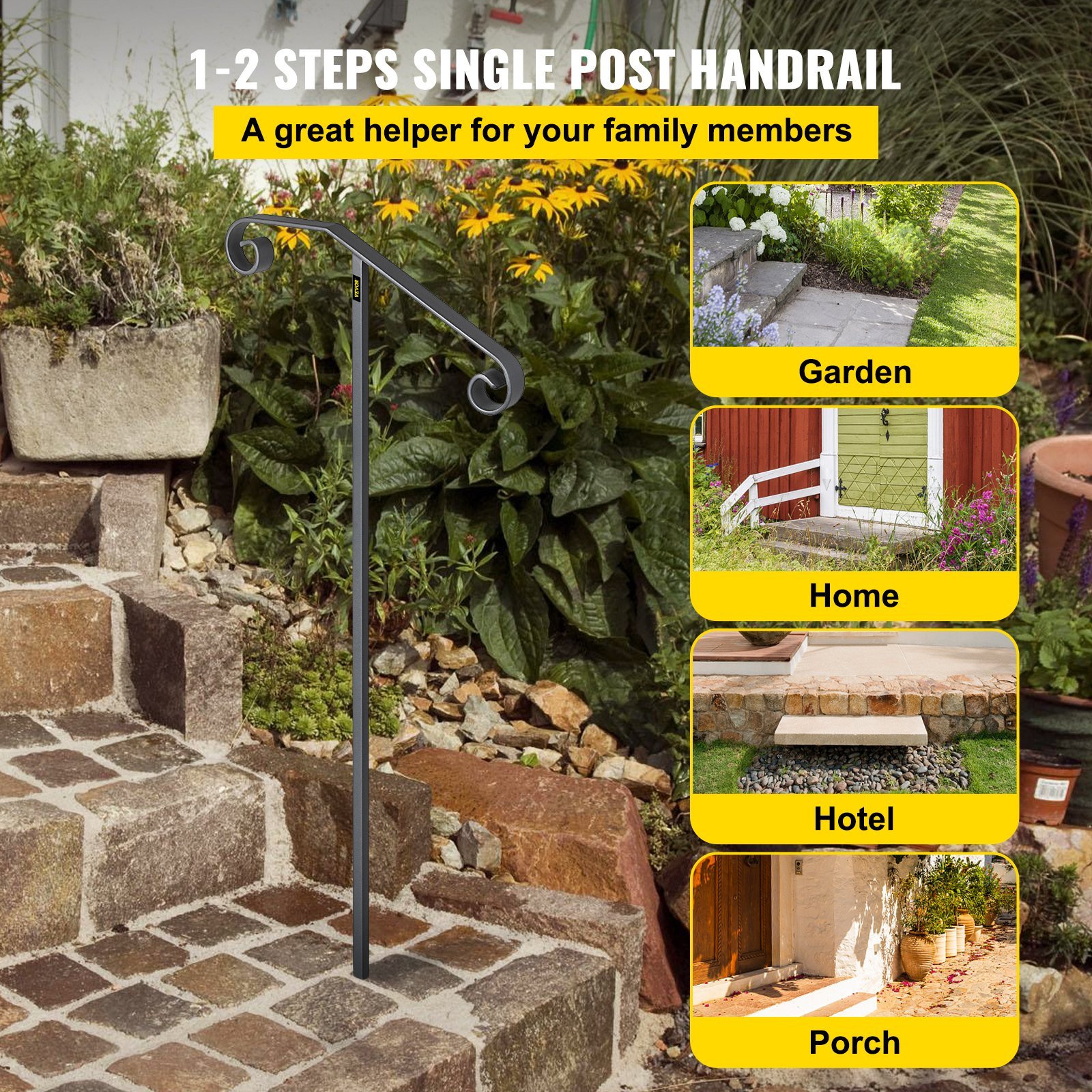 Single Post Handrail Wrought Iron Post Mount Step Grab Supports In Ground Long Post Fits 1 Or 2 Steps Grab Rail Single Post Railing (Gray)