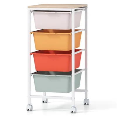 4-Drawer Rolling Storage Cart, Mobile Utility Organizer With MDF Wooden Top (Macaron)