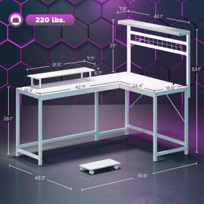 61.6" L Shaped Gaming Desk With Power Outlets & LED Lights, Computer Desk With Monitor Stand And CPU Shelf, White