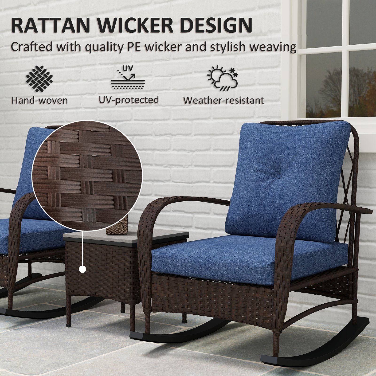 3 Piece Wicker Patio Furniture Set, Outdoor PE Rattan Rocking Chairs With Coffee Table, Cushions For Porch, Brown - Image 3