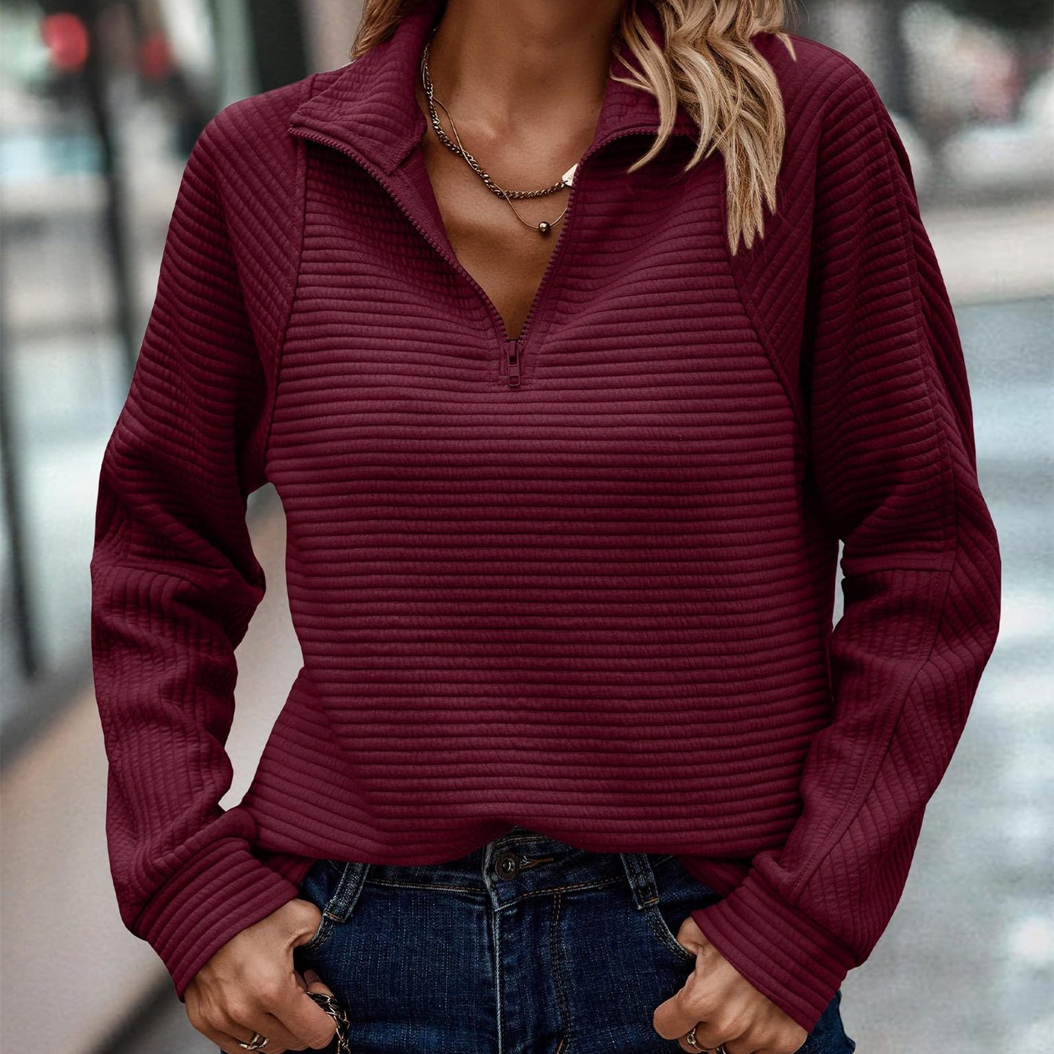 Zipper Stand Collar Pullover Sweatshirt Fashion Solid Striped Long Sleeve Top Spring And Autumn Women's Clothing - Image 7