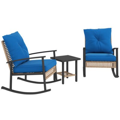 3 Pieces Bistro Set, Patio Wicker Furniture Set With Button Tufted Cushions, Rattan Rocking Chairs, Coffee Table, Blue
