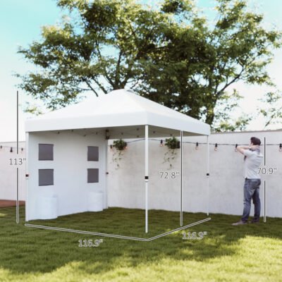 10' X 10' Pop Up Canopy Tent W/ Sidewall, UPF50+ Height Adjustable Instant Sun Shelter W/ Storage Pockets, White