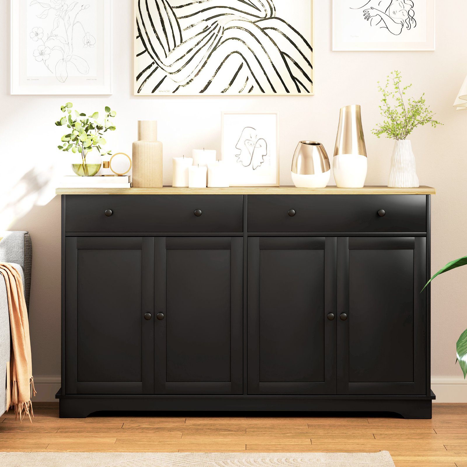 Modern Sideboard, Buffet Cabinet With Storage Drawers, Adjustable Shelves For Living Room, Dining Room, Entryway, Black