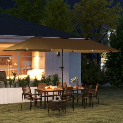 Double-Sided Market Umbrella, Large Patio Umbrella With Solar Lights, Crank Handle For Garden, Pool, Yard, Khaki