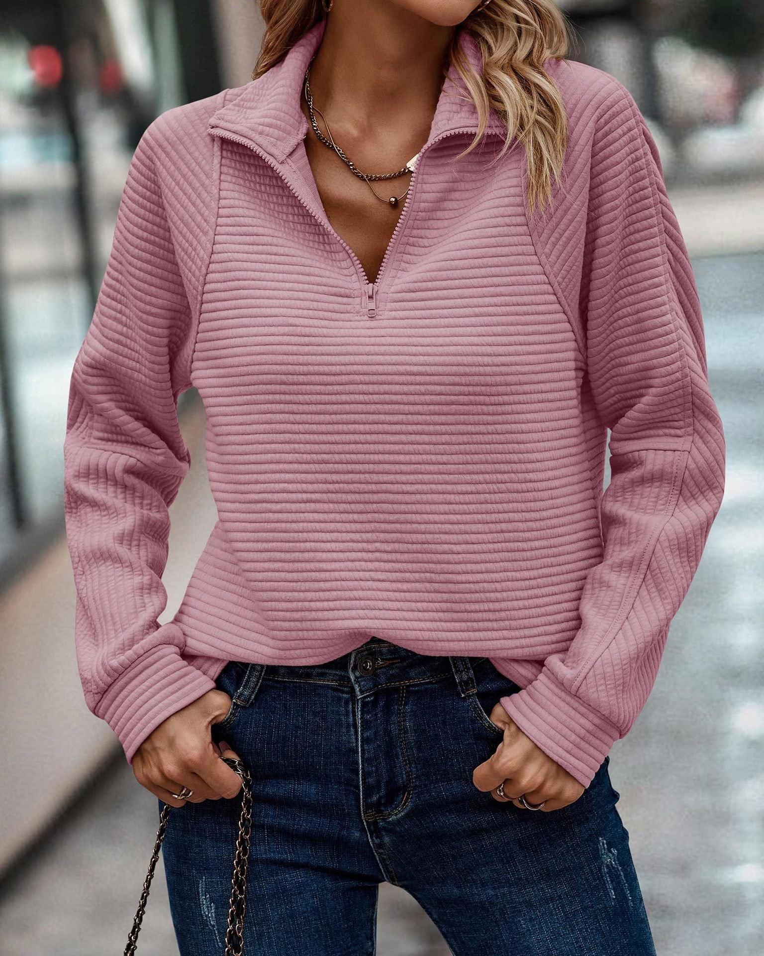 Zipper Stand Collar Pullover Sweatshirt Fashion Solid Striped Long Sleeve Top Spring And Autumn Women's Clothing - Image 4