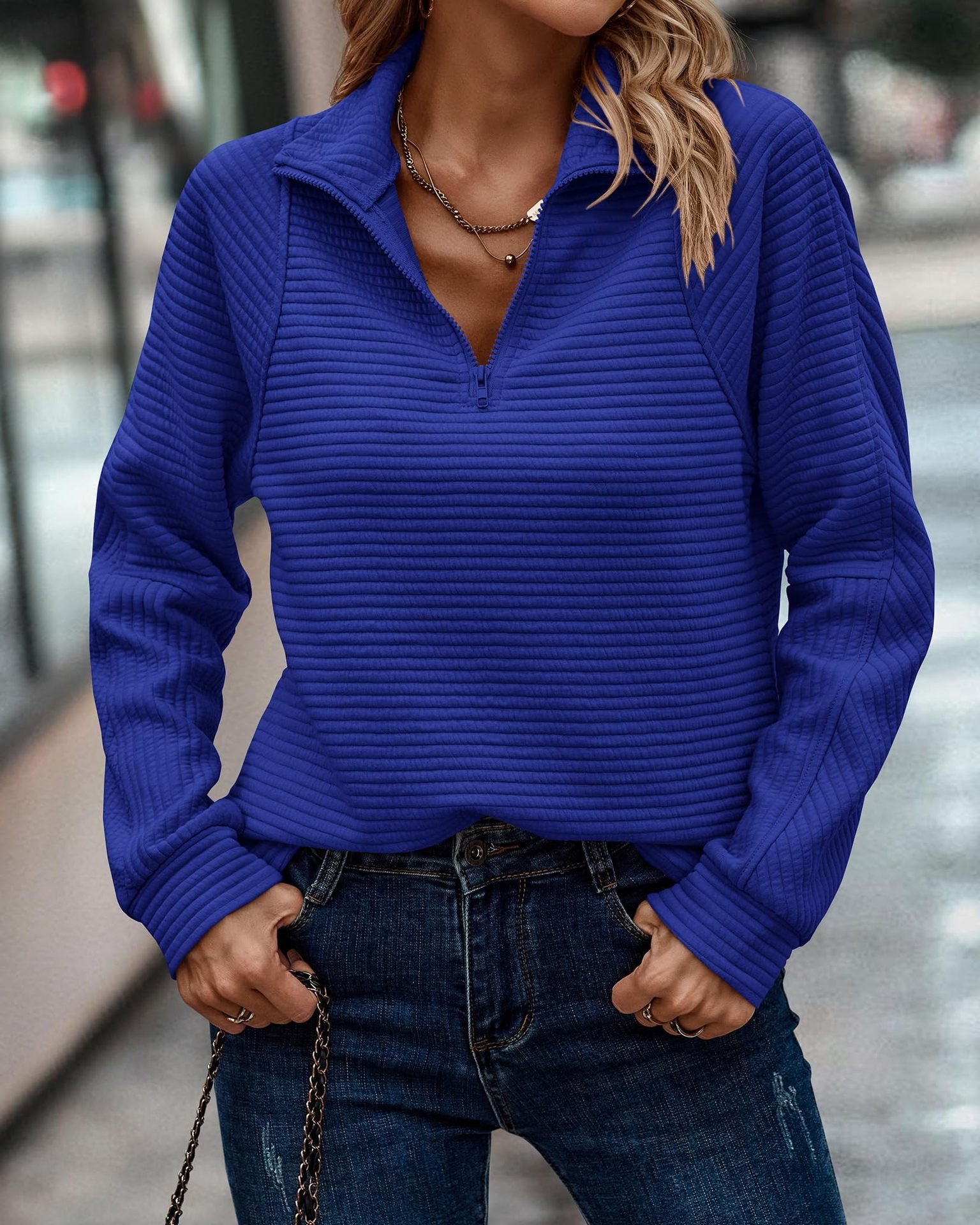 Zipper Stand Collar Pullover Sweatshirt Fashion Solid Striped Long Sleeve Top Spring And Autumn Women's Clothing - Image 3