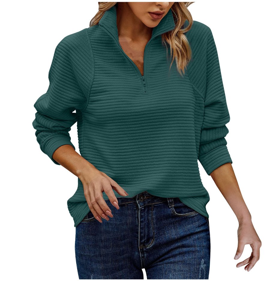 Zipper Stand Collar Pullover Sweatshirt Fashion Solid Striped Long Sleeve Top Spring And Autumn Women's Clothing - Image 8