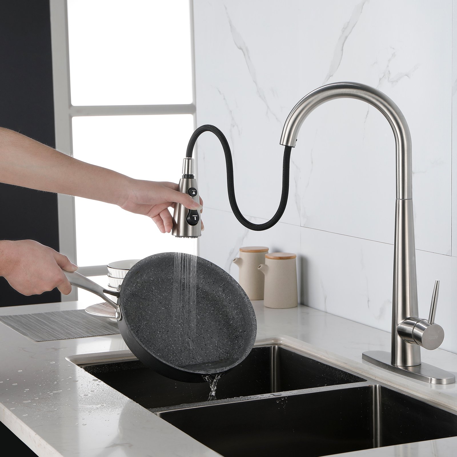 High Curvature Single Handle Kitchen Sink Faucet With Deck, Commercial Modern Stainless Steel Kitchen Faucet - Image 5
