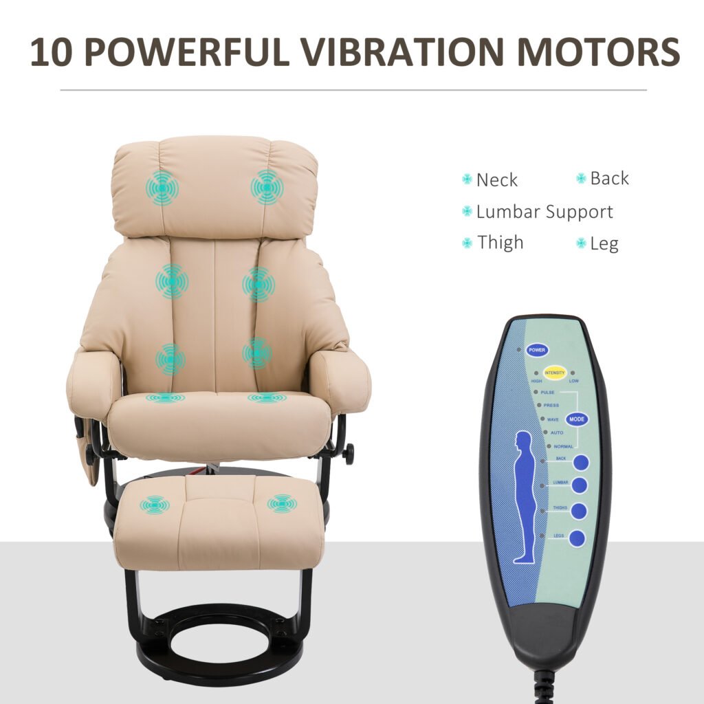 10-Point Massage Recliner Chair, Vibration Massage Sofa With Ottoman Footrest, Faux Leather And Swivel Wood Base For Living Room & Bedroom, Beige —