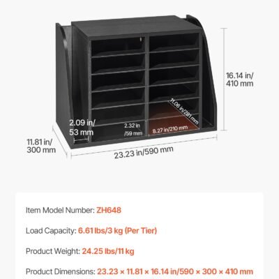 Literature Organizer, 12 Compartments Office Mailbox With Side Vertical Storage, Wooden Mailbox Sorter Made Of Particle Board, Countertop Office Home Organizer For File, Document, Paper, Black