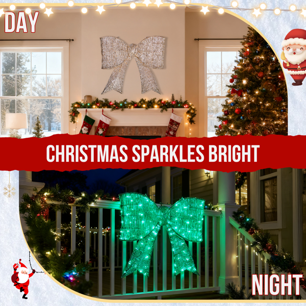 Pre-lit Outdoor Giant Bowknot Christmas Decoration, Lighted Metal Frame With 124 Green LED Lights, For Front Door Gate Wall Indoor Outdoor Holiday Party, Green - Image 3