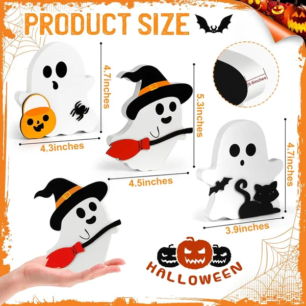Ute Ghost Halloween Decorations Indoor, Wooden Tiered Tray Decor Table Sign Set Of 3, Black Cat Bat Witch Broom Signs Pumpkin Blocks For Party Home Shelf Display - Image 2