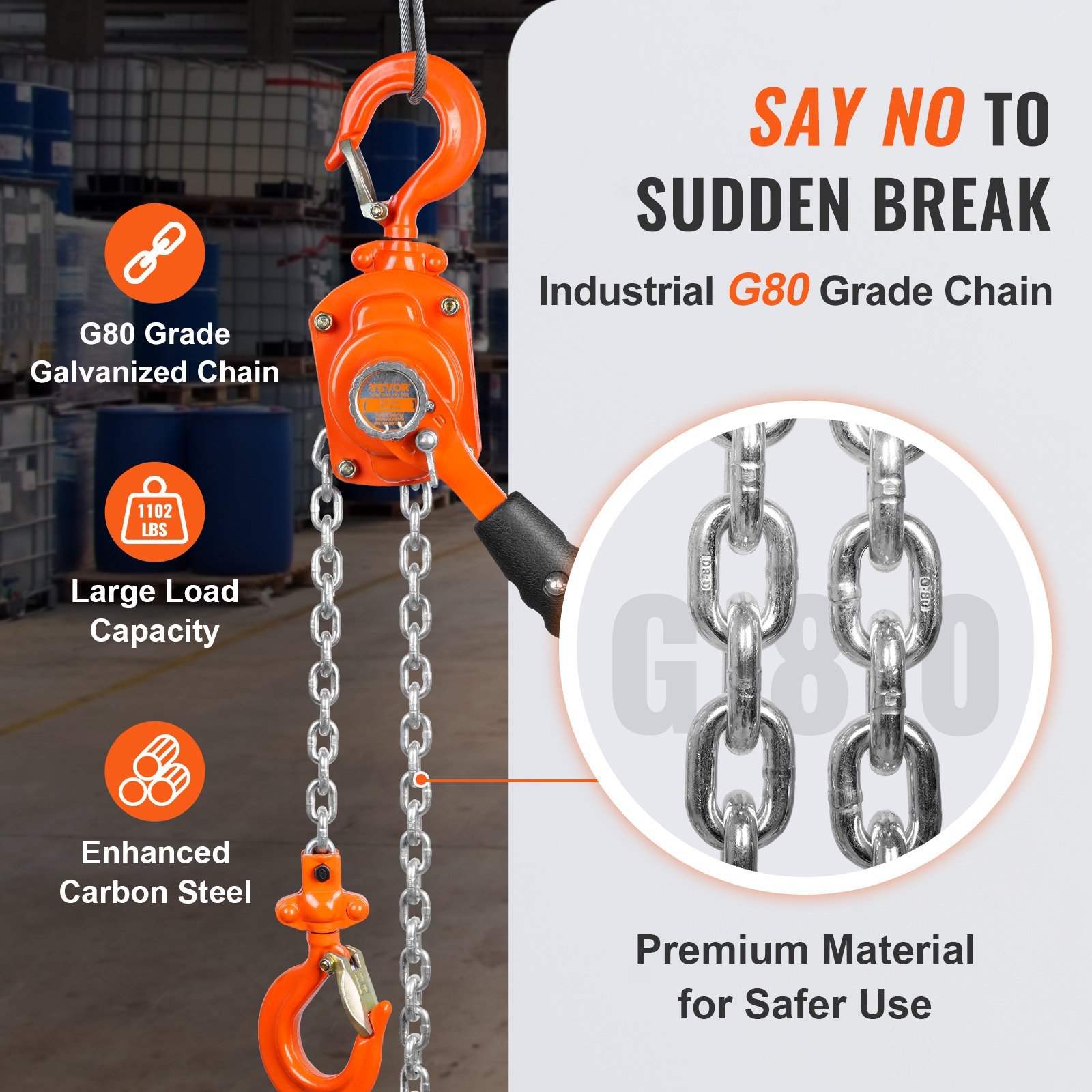 Manual Lever Chain Hoist, 1/2 Ton 1100 Lbs Capacity 5 FT Come Along, G80 Galvanized Carbon Steel With Weston Double-Pawl Brake, Auto Chain Leading & 360° Rotation Hook, For Garage Factory Dock - Image 2
