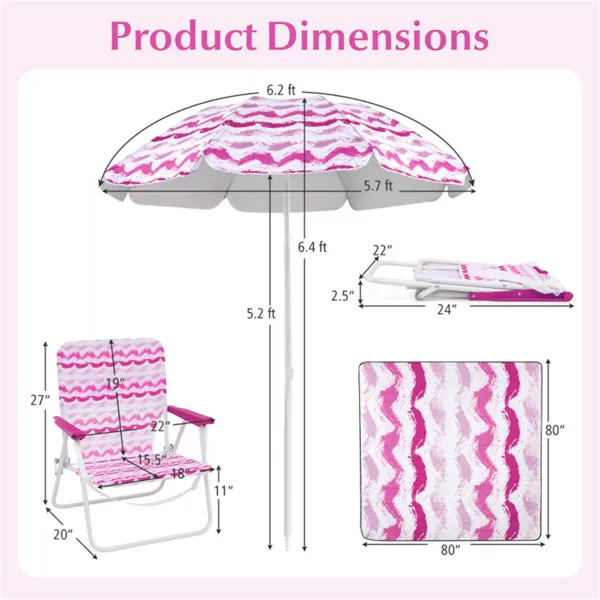 4-Piece Beach Set With 6.2ft Sun-Proof Umbrella, 2 Folding Chairs & 80 X 80 Waterproof Blanket-Pink - Image 4