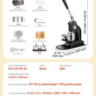 Button Maker Machine, 2.25 In, Pin Maker Machine With 500pcs Button Parts, Circle Cutter, Hex Wrenches And Magic Book, Ergonomic Handle, For DIY Badges, Personalized Pins And Key Chains, Black