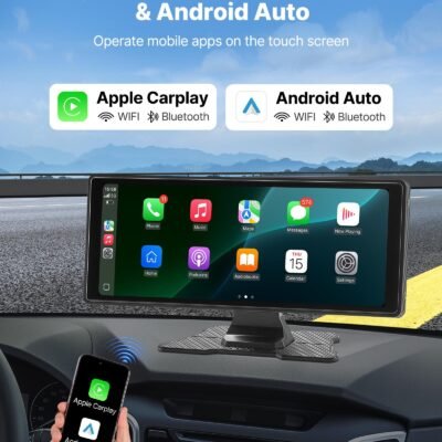 Wireless Car Stereo, 10-Inch HD Portable Radio Touch Screen With Apple CarPlay And Android Auto, CarPlay Screen With Front & Backup Cameras, Voice Control, Mirror Link, Bluetooth, GPS Navigation