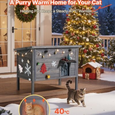 Heated Cat House, Insulated Wooden Cat House For Outdoor Cats, Waterproof Feral Kitty Shelter With Heating Pad, PVC Flap Door & Openable Asphalt Roof For 1-3 Cats In Winter, 34 X 21 X 27 In