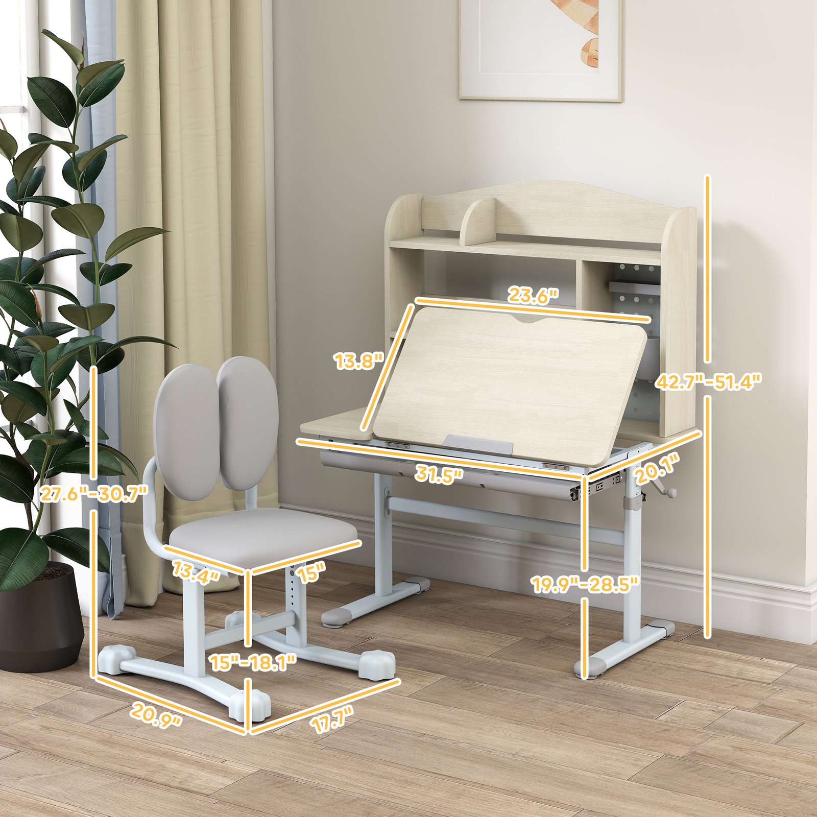 Kids Study Desk and Chair Set with Adjustable Height, Tiltable Desktop, Hutch and Drawer for Ages 3-12, Gray - Image 2