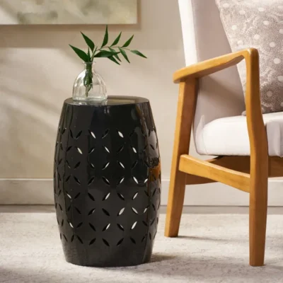 12" Accent Side Table, Cylindrical Design End Table For Living Room, Family Room, Or Entryway, Industrial Style,Coffee Side Tables For Indoor Outdoor, Black Color