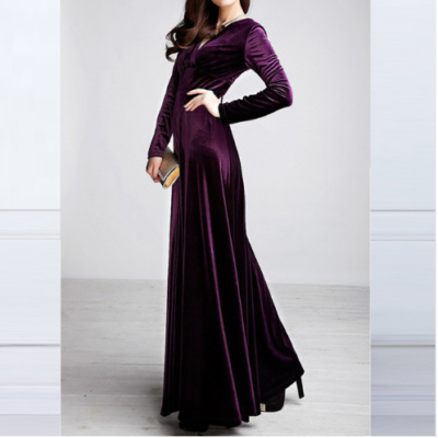 Thickened good quality Spring and autumn winter long-sleeved dress Gold velvet maxi dress V-neck dress