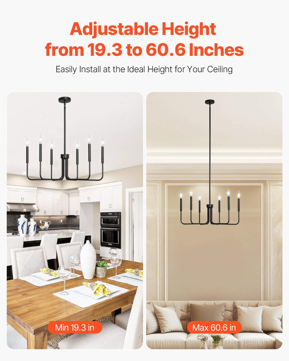 6-Light Chandelier, Black Farmhouse Chandelier, Adjustable Height, Dining Room Hanging Light Fixture For Ceilings, Modern Chandelier For Bedroom, Foyer, Hall, Kitchen, Living Room And Entryway - Image 3