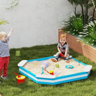 Kids Sandbox With 4 Corner Seats, Bottom Liner For Backyard, Garden, Outdoor, 52" X 52" X 6", Blue
