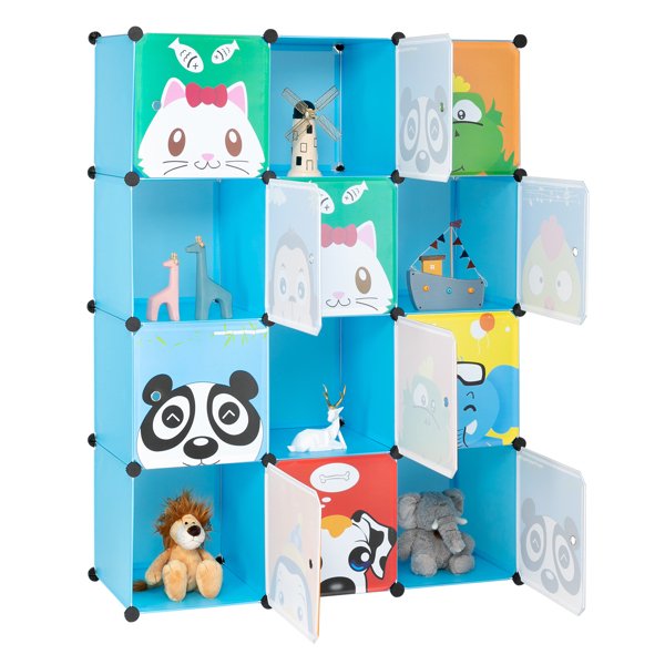 4-layer 12-compartment 2-hanging-bar Modular Wardrobe With Plastic And Steel Wire Materials Featuring Animal Patterns. The Door Has A Floral Design And The Cabinet Body Is Blue. - Image 4
