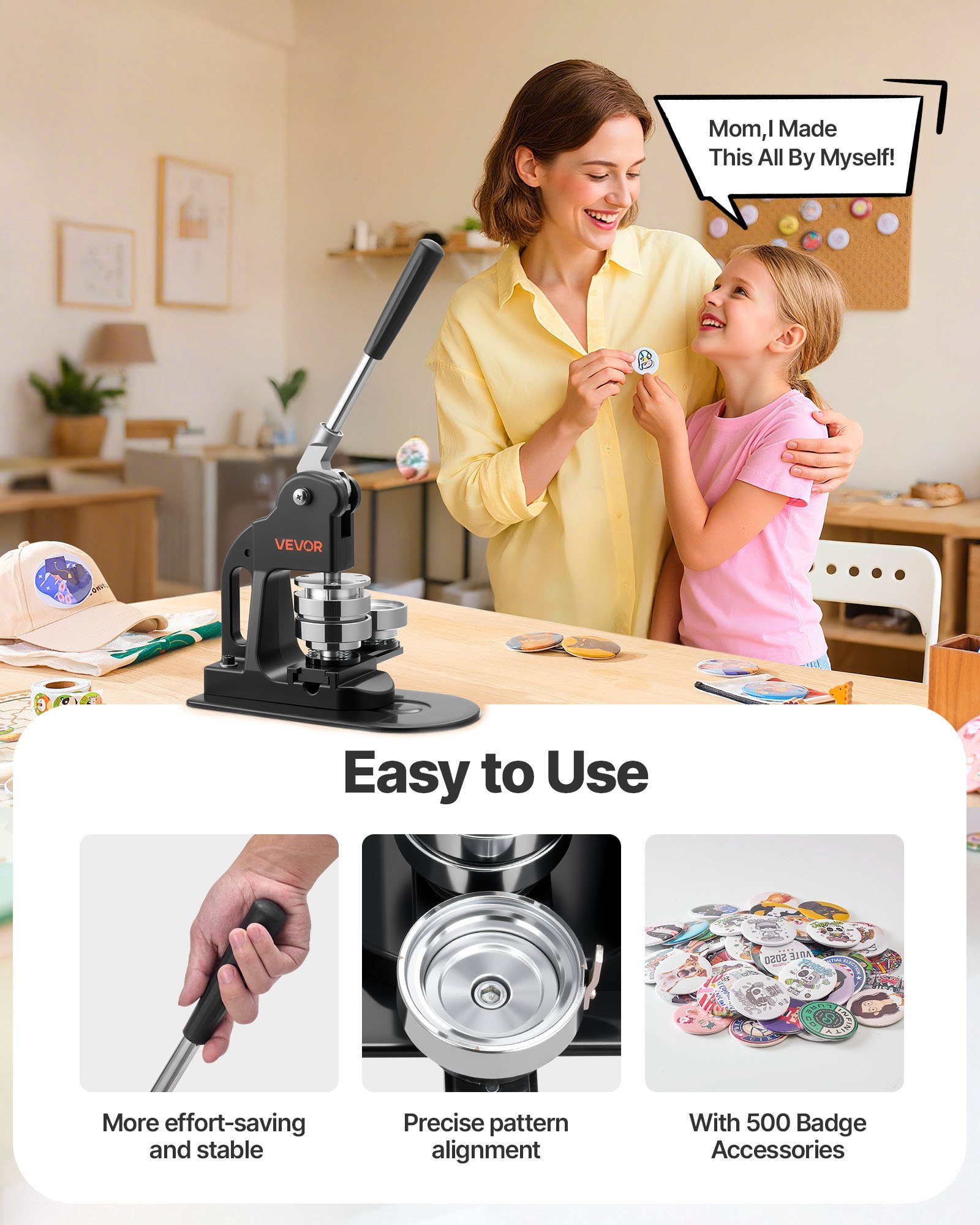 Button Maker Machine, 2.25 In, Pin Maker Machine With 500pcs Button Parts, Circle Cutter, Hex Wrenches And Magic Book, Ergonomic Handle, For DIY Badges, Personalized Pins And Key Chains, Black - Image 4