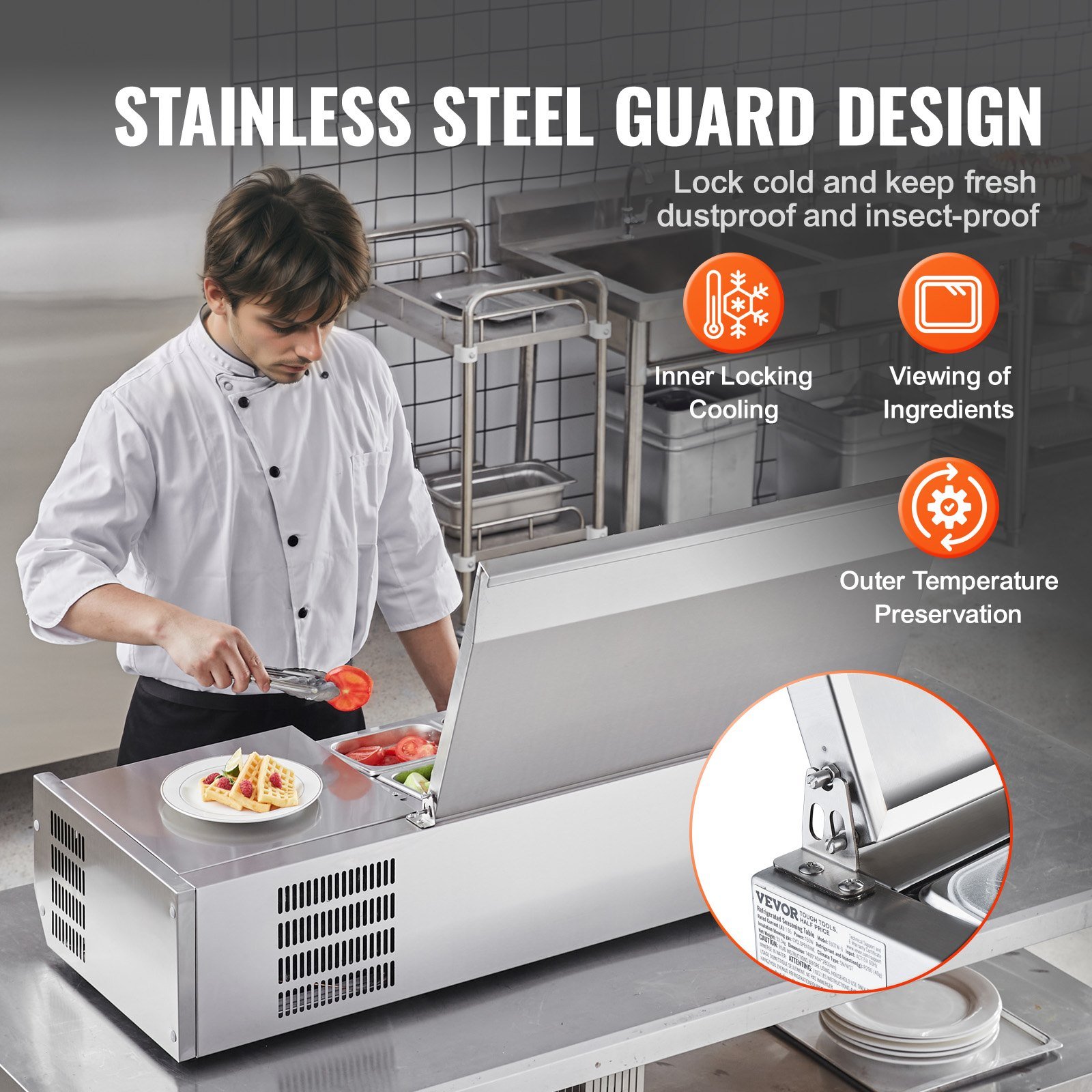 Refrigerated Condiment Prep Station, 135 W Countertop Refrigerated Condiment Station, With 2 1/3 Pans & 4 1/6 Pans, 304 Stainless Body And PC Lid, Sandwich Prep Table With Stainless Guard, ETL - Image 4