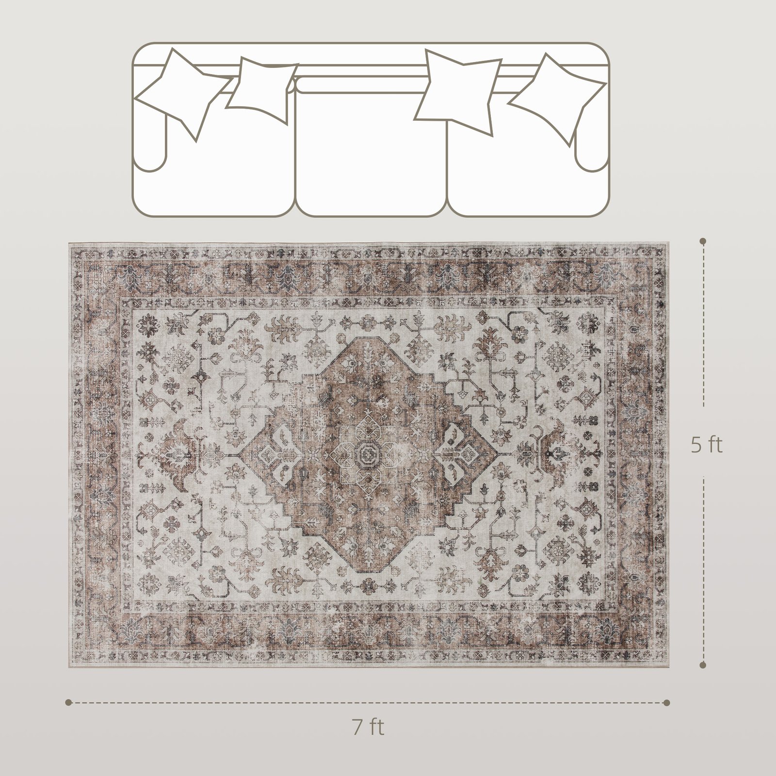 5x7 Area Rug, Vintage Machine Washable Rug, Non-Slip Floor Carpet For Living Room, Bedroom, Dining Room,brown - Image 3
