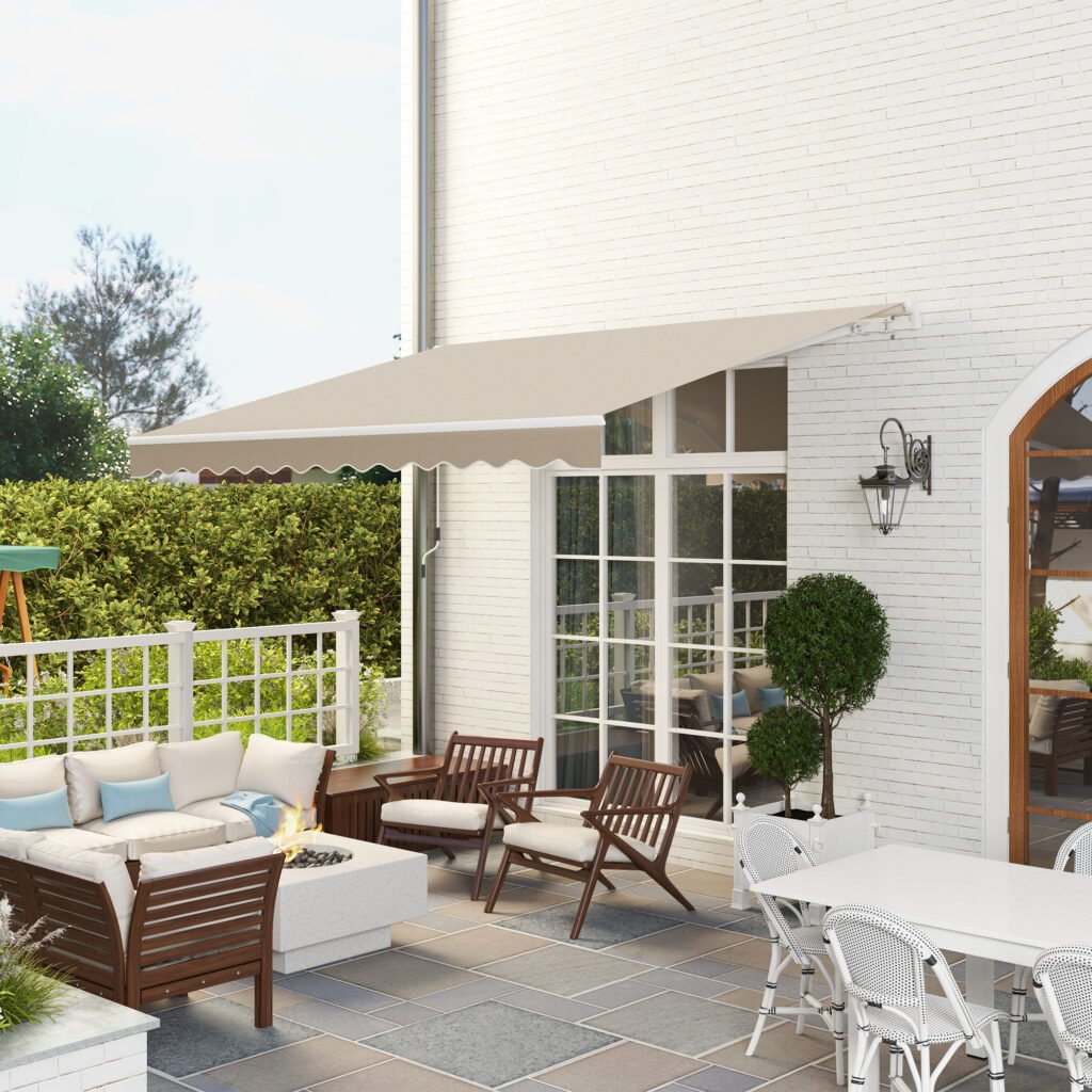 12' X 10' Retractable Awning Patio Awnings Sun Shade Shelter With Manual Crank Handle, 280g/m² UV & Water-Resistant Fabric And Aluminum Frame For Deck, Balcony, Yard, Cream White —
