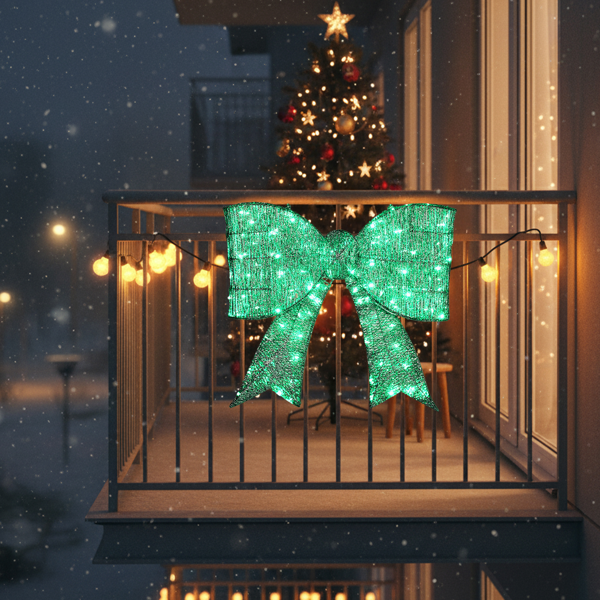 Pre-lit Outdoor Giant Bowknot Christmas Decoration, Lighted Metal Frame With 124 Green LED Lights, For Front Door Gate Wall Indoor Outdoor Holiday Party, Green - Image 11