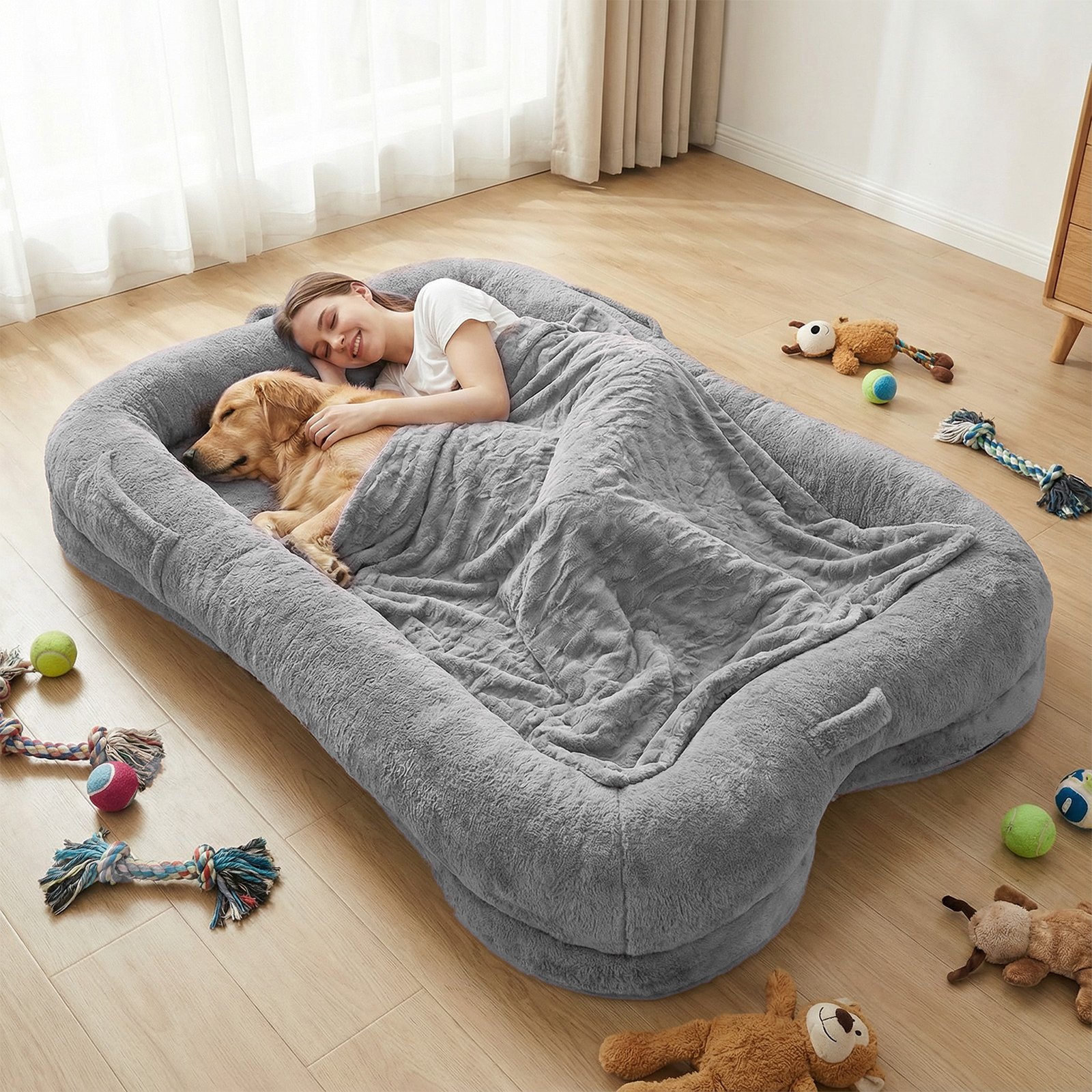 Human Dog Bed Washable Large Size Non Slip Bottom Comfortable Plush Giant Size Dog Bed With Blanket And Pocket For Home - Image 2