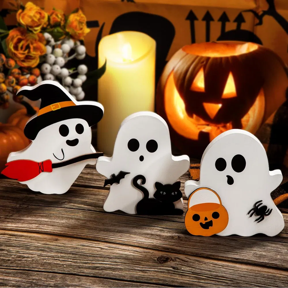 Ute Ghost Halloween Decorations Indoor, Wooden Tiered Tray Decor Table Sign Set Of 3, Black Cat Bat Witch Broom Signs Pumpkin Blocks For Party Home Shelf Display - Image 6