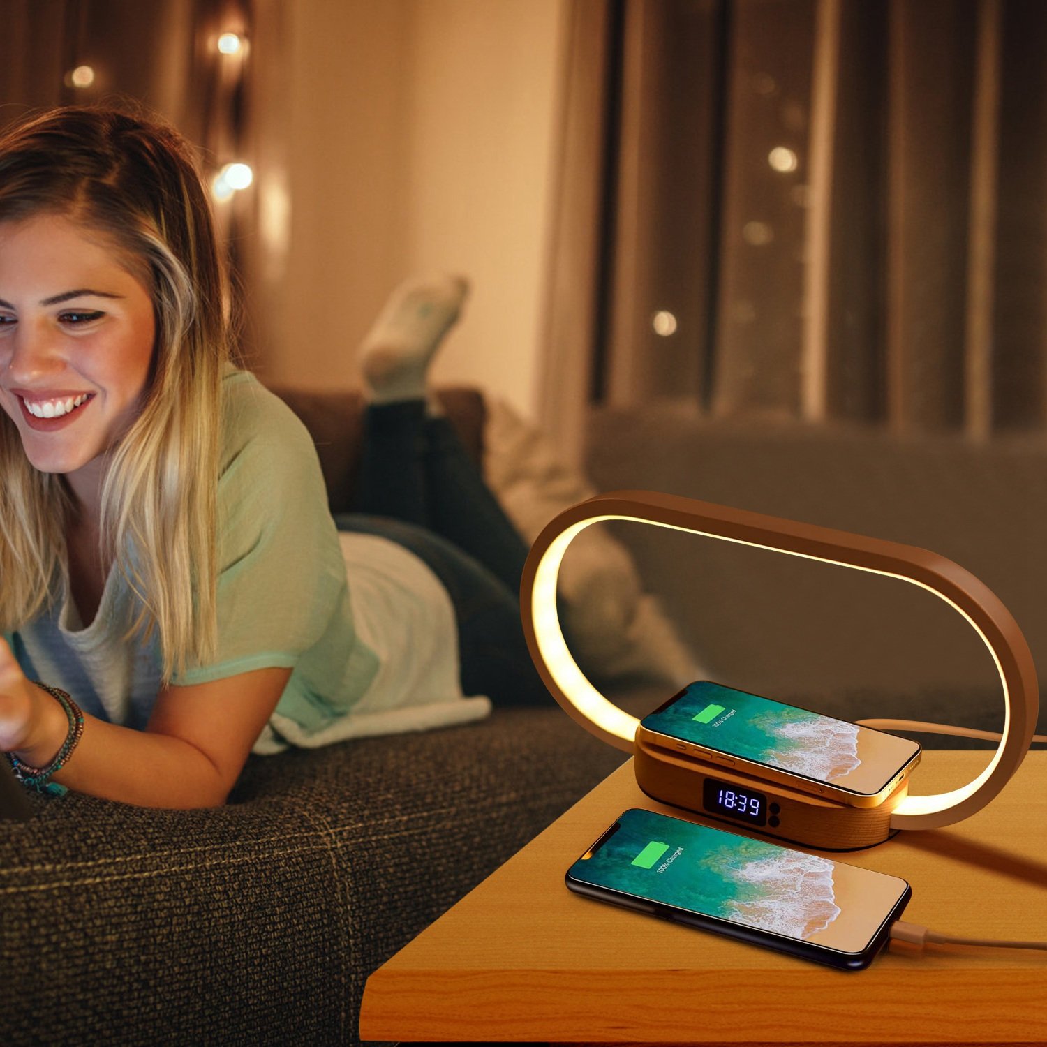 1 Set Bedside Table Lamp Touch Control Lamp With Clock Wireless Charging LED Desk Lamp Dimmable Nightstand Reading Lamp - Image 2
