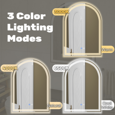 Smart Anti-fog LED Bathroom Mirror Arch Shape Dual Light 3 Color Temperatures Memory Dimming
