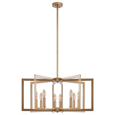 27 Modern Golden Geometric 8-Light Chandelier  Industrial Metal Pendant Light Fixture For Living Room, Dining Room, Or Kitchen  Bulb Not Included
