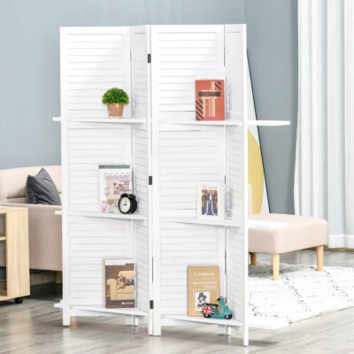 4 Panel 67" Tall Wood Privacy Screen Room Divider With 3 Shelves And Folding Storage For Bedroom, White