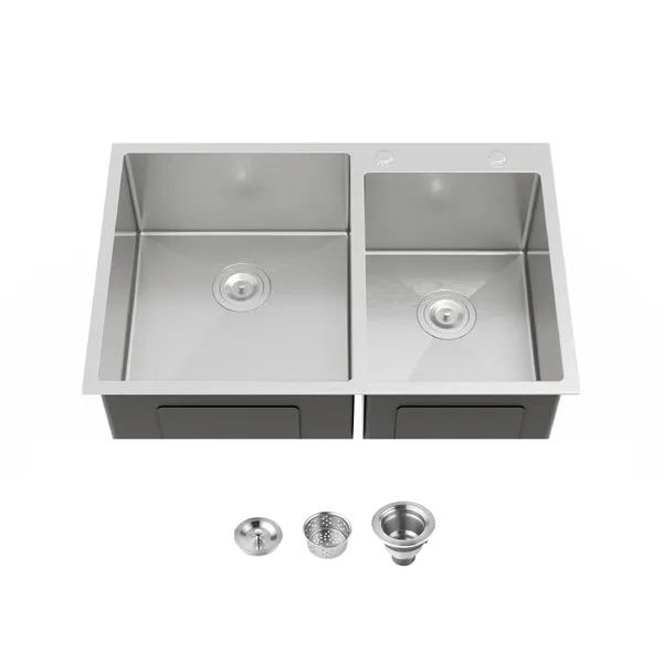 33'x19' Embedded Double Bowl Kitchen Sink, Overmount Handmade Sink In Brushed - Sink Only - Unable Ship Weekends, TK And TEMU Only For Pickup