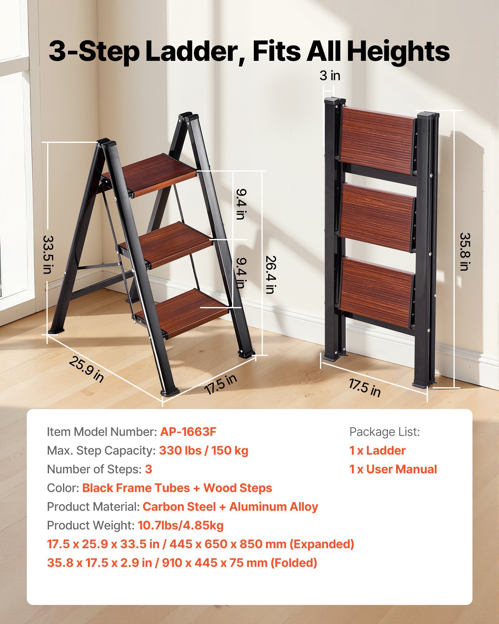 3 Step Ladder, Folding Step Stool With Wide Anti-Slip Pedal And Comfort Handgrip, Lightweight 330 Lbs Capacity Portable Aluminum Plant Support, Multi-Use For Adults, Home Repairing, Cleaning
