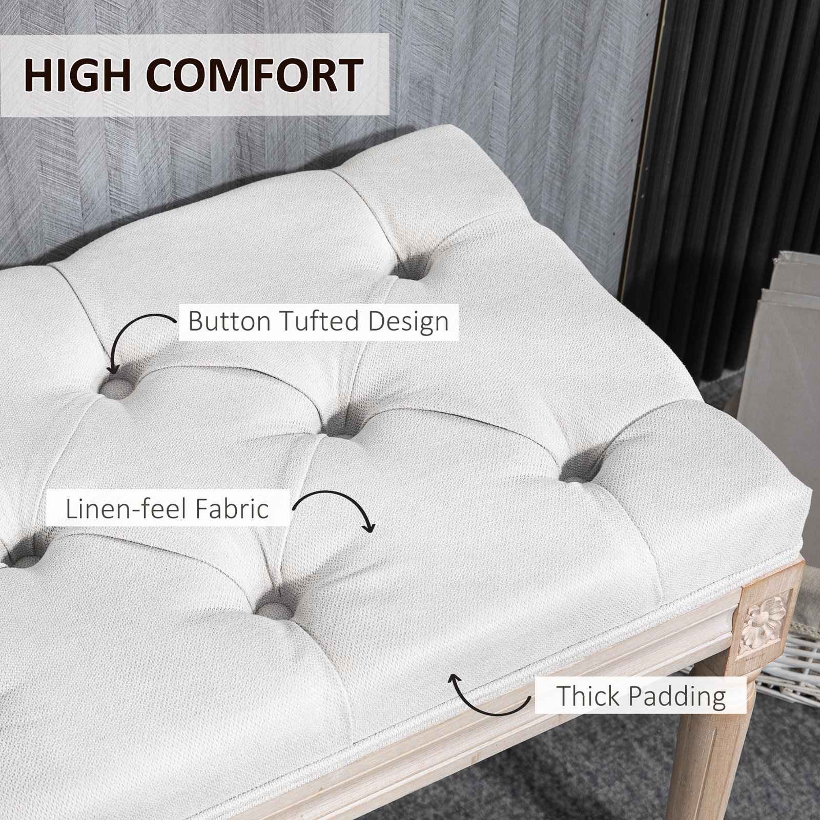 32" Linen Upholstered Bedroom Bench, French End of Bed Bench with Thick Padded Cushion and Wooden Legs, Cream White - Image 3