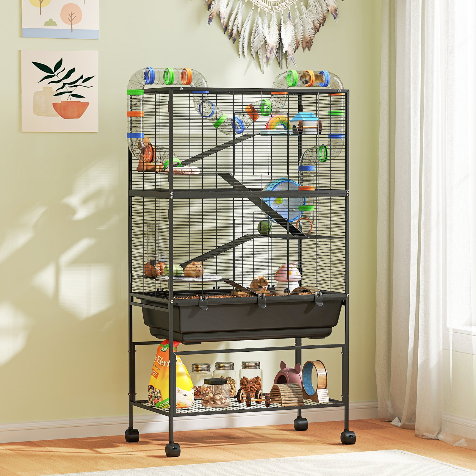5 Tier Hamster Cage, Rolling Rat Cage With Deep Tray, Storage Shelf, Big Exercise Wheel, Hut, Tube System