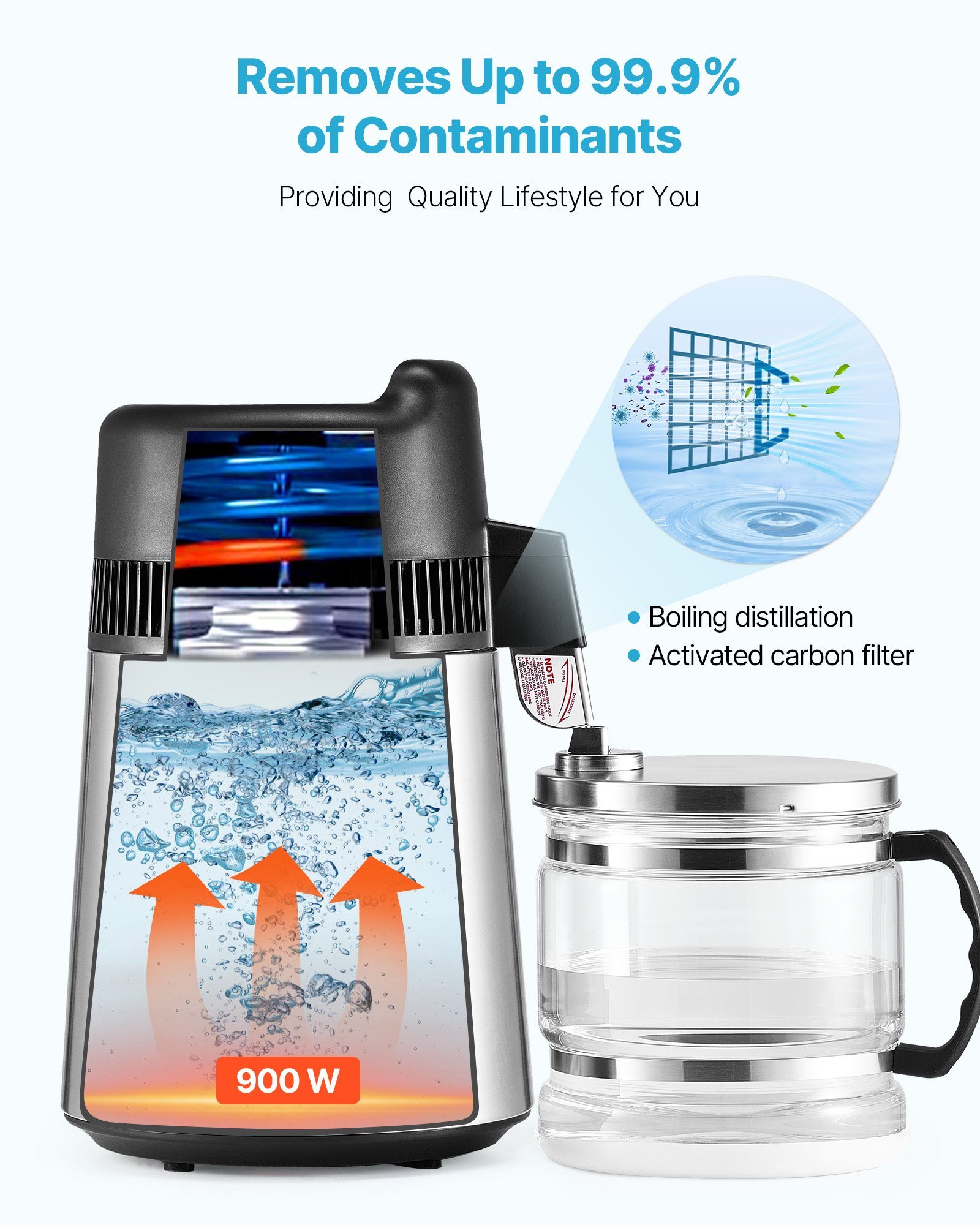 6L Water Distiller Home Countertop Purifier Machine 900W Stainless Steel Glass