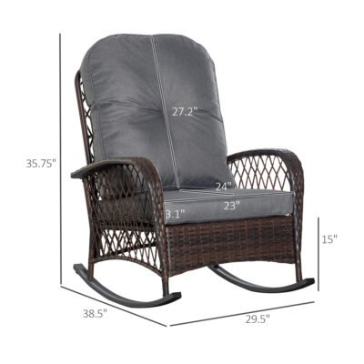 Rattan Porch Rocker W/ Plush Cushion, Gray