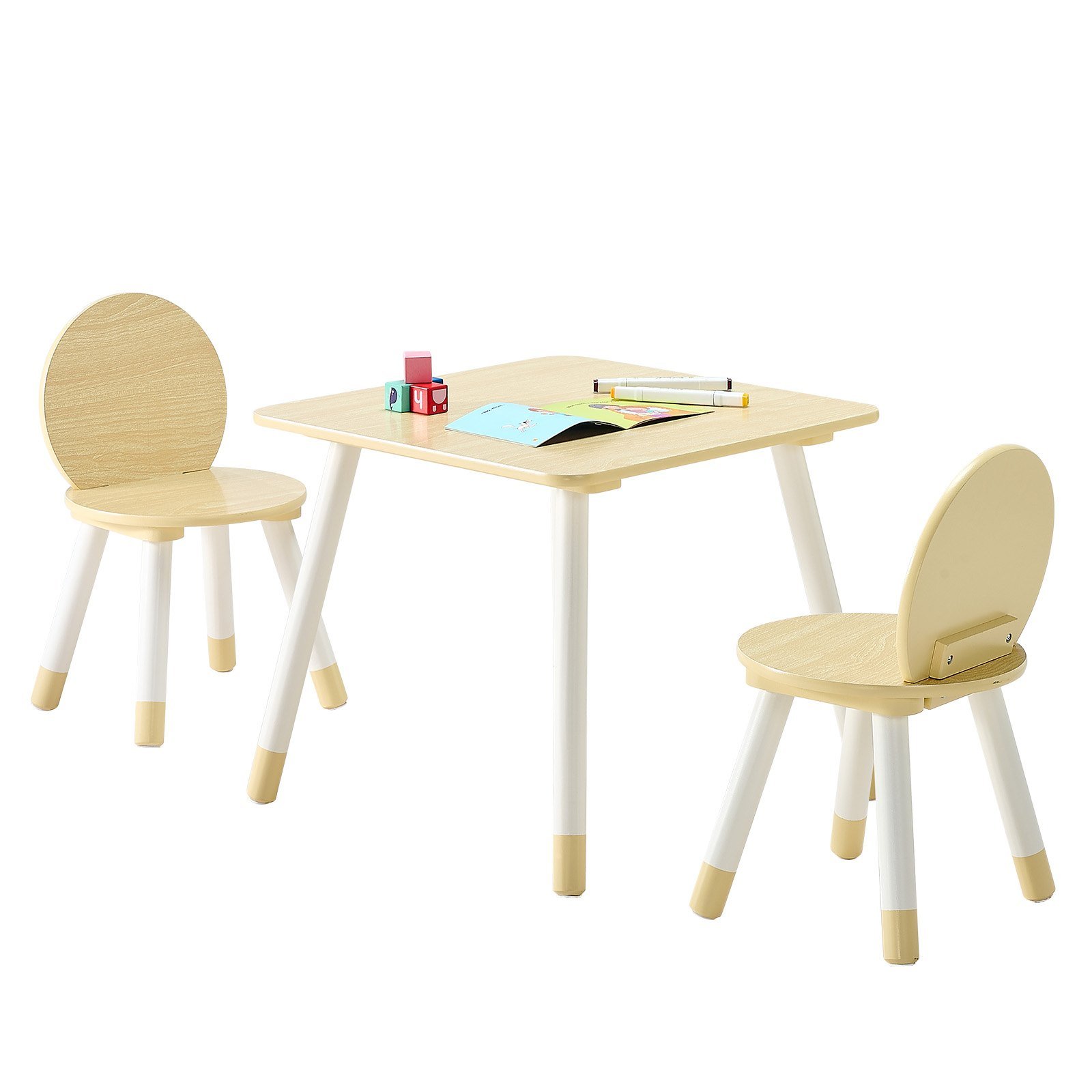 Kids Table And 2 Chairs Set, Toddler Table And Chair Set With Rounded Edge Design & Graffiti Desktop, Wooden Desk For Art, Craft, Reading, Learning, Drawing, Classroom/Daycare/Home, Burlywood