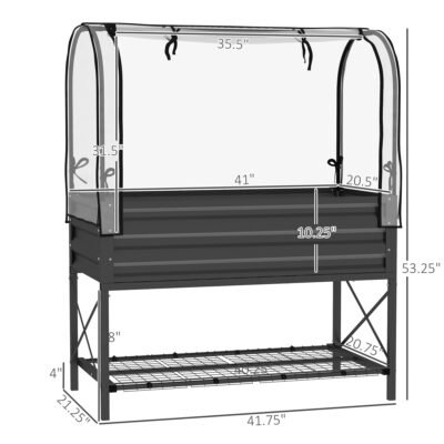 Raised Garden Bed With Legs And Cover, Metal Elevated Planter Box With Bottom Shelf And Liner For Vegetables, Black