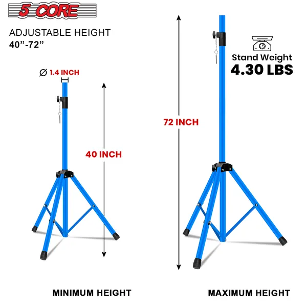 5 Core Speaker Stand 2Pcs Tripod Floor Tall Adjustable Up To 72 Inch DJ Studio Monitor Stands Pole Mount - Image 2